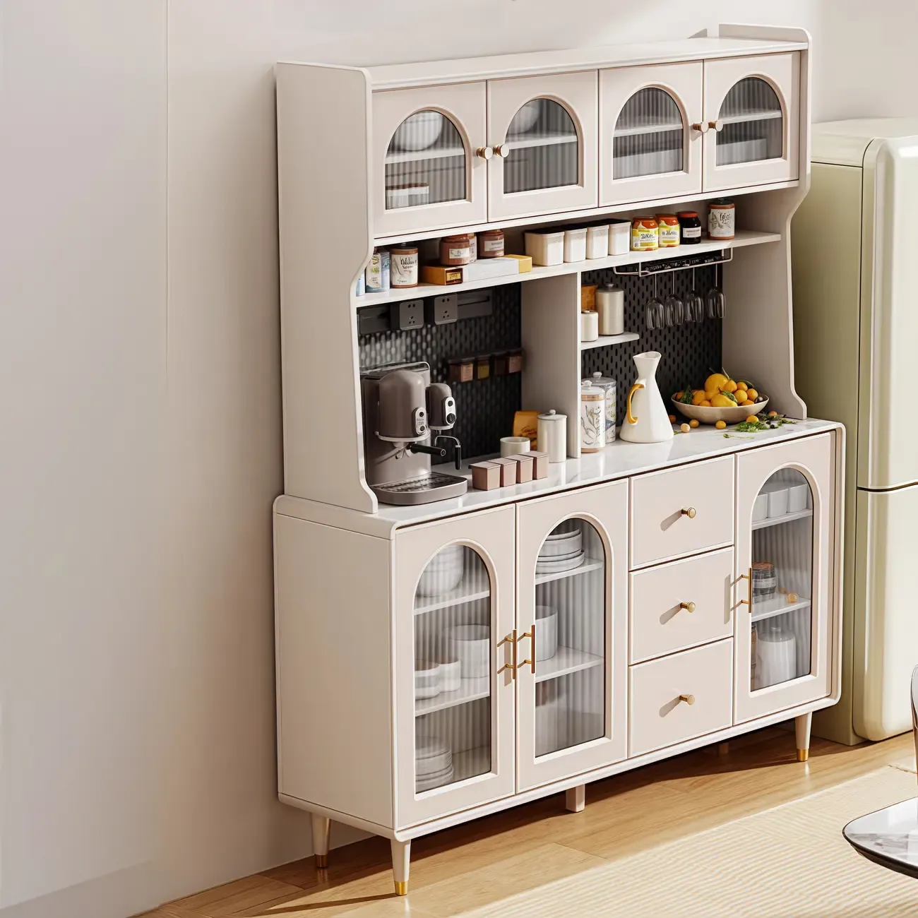 Multi-Functional White Wood Arched Glass Door Sideboard Cabinet Image - 4