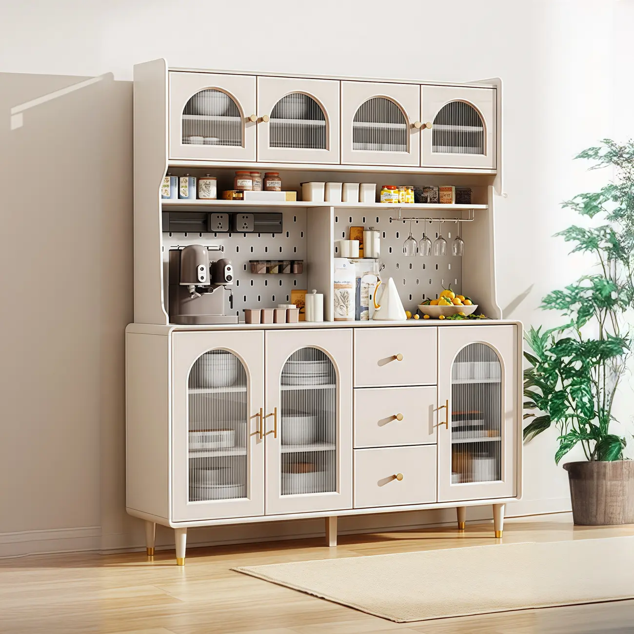 Multi-Functional White Wood Arched Glass Door Sideboard Cabinet Image - 5 | homeyfad