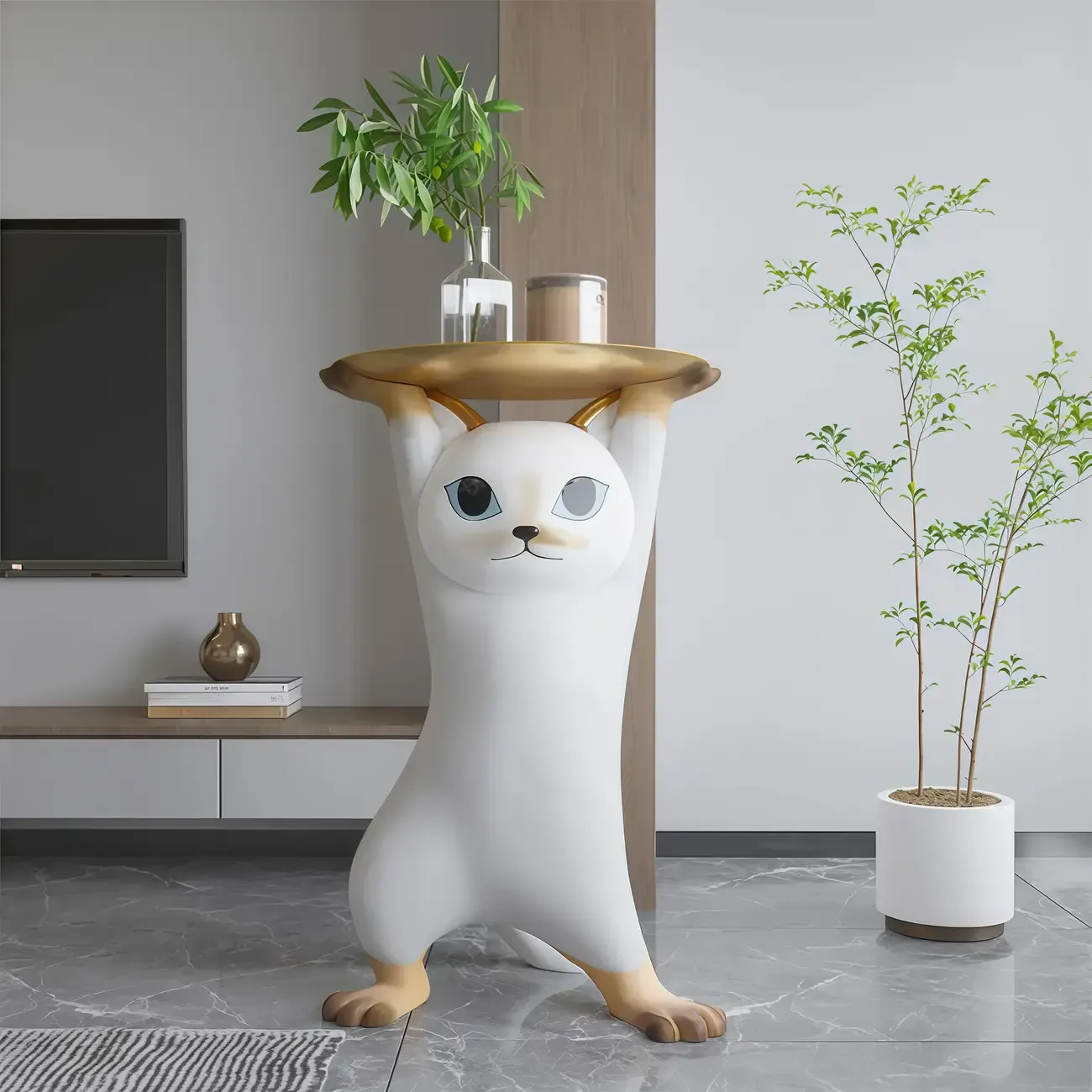 Modern Cute Cat-Shaped Golden Round Top Side Table Image - 8