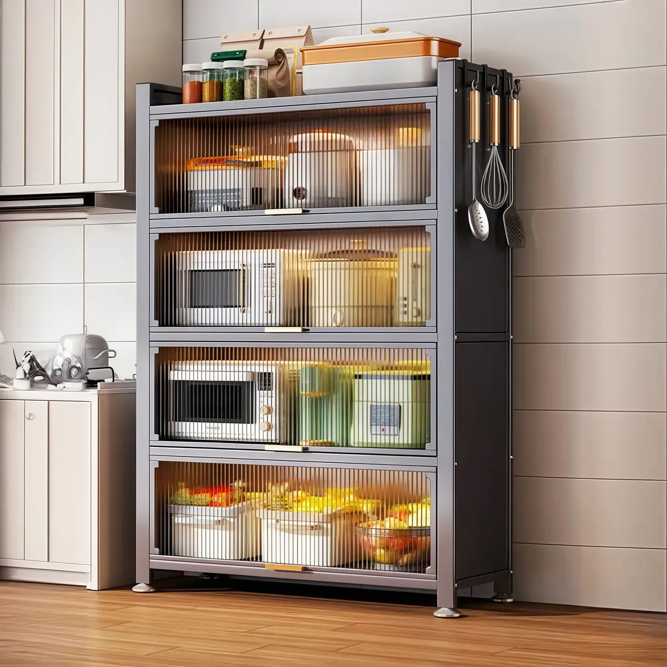 Narrow Steel Multi-Shelf Lift-Up Door Buffet Cabinet Image - 2