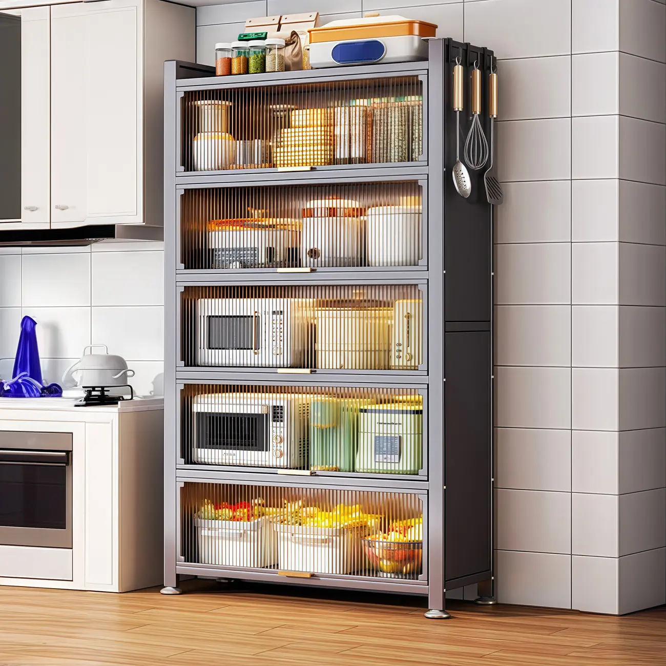 Narrow Steel Multi-Shelf Lift-Up Door Buffet Cabinet Image - 7 | homeyfad