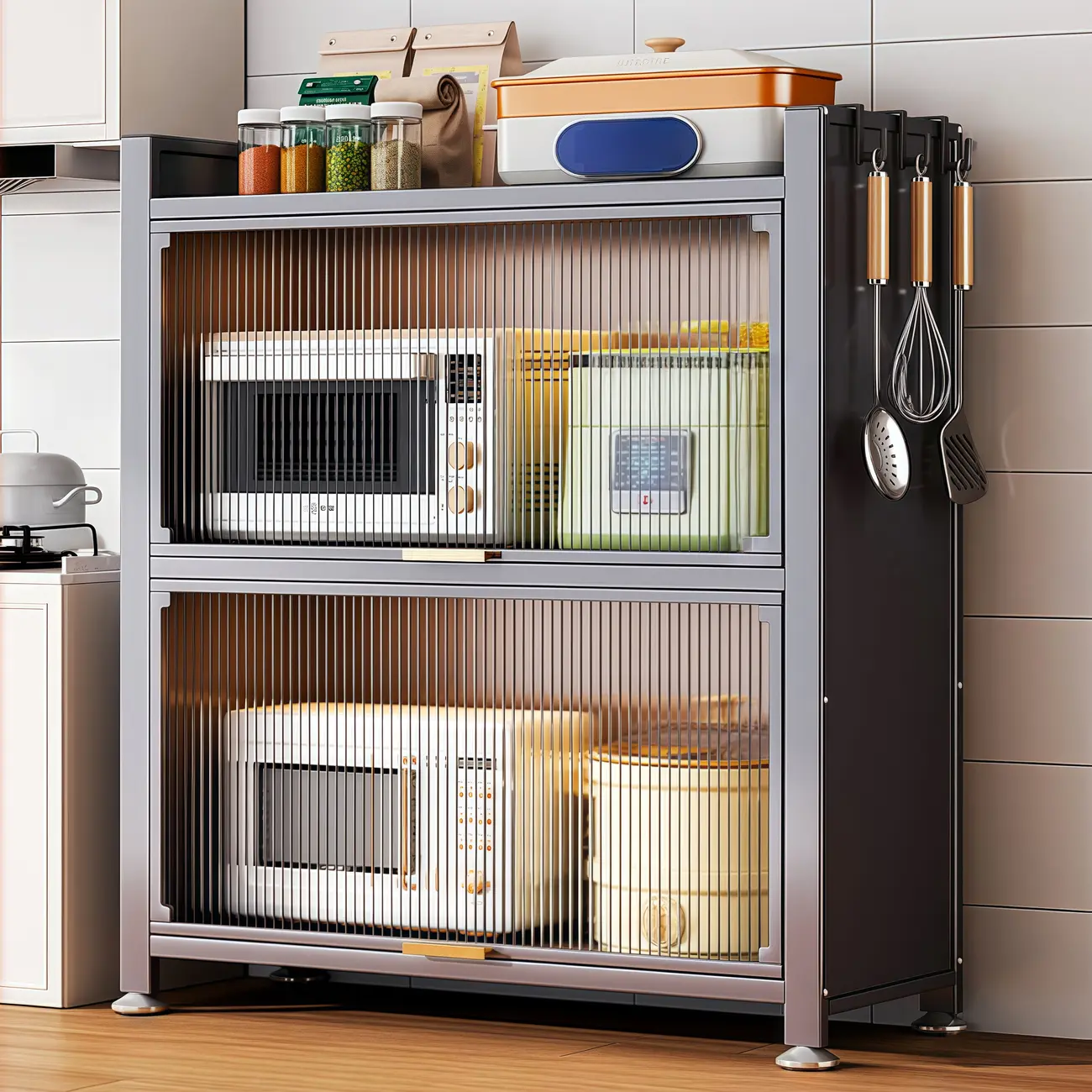 Narrow Steel Multi-Shelf Lift-Up Door Buffet Cabinet Image - 10 | homeyfad