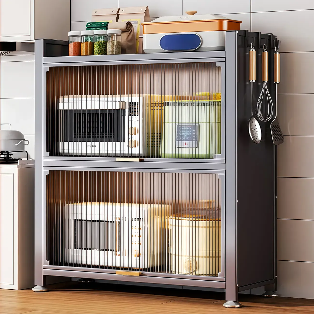 Narrow Steel Multi-Shelf Lift-Up Door Buffet Cabinet Image - 10