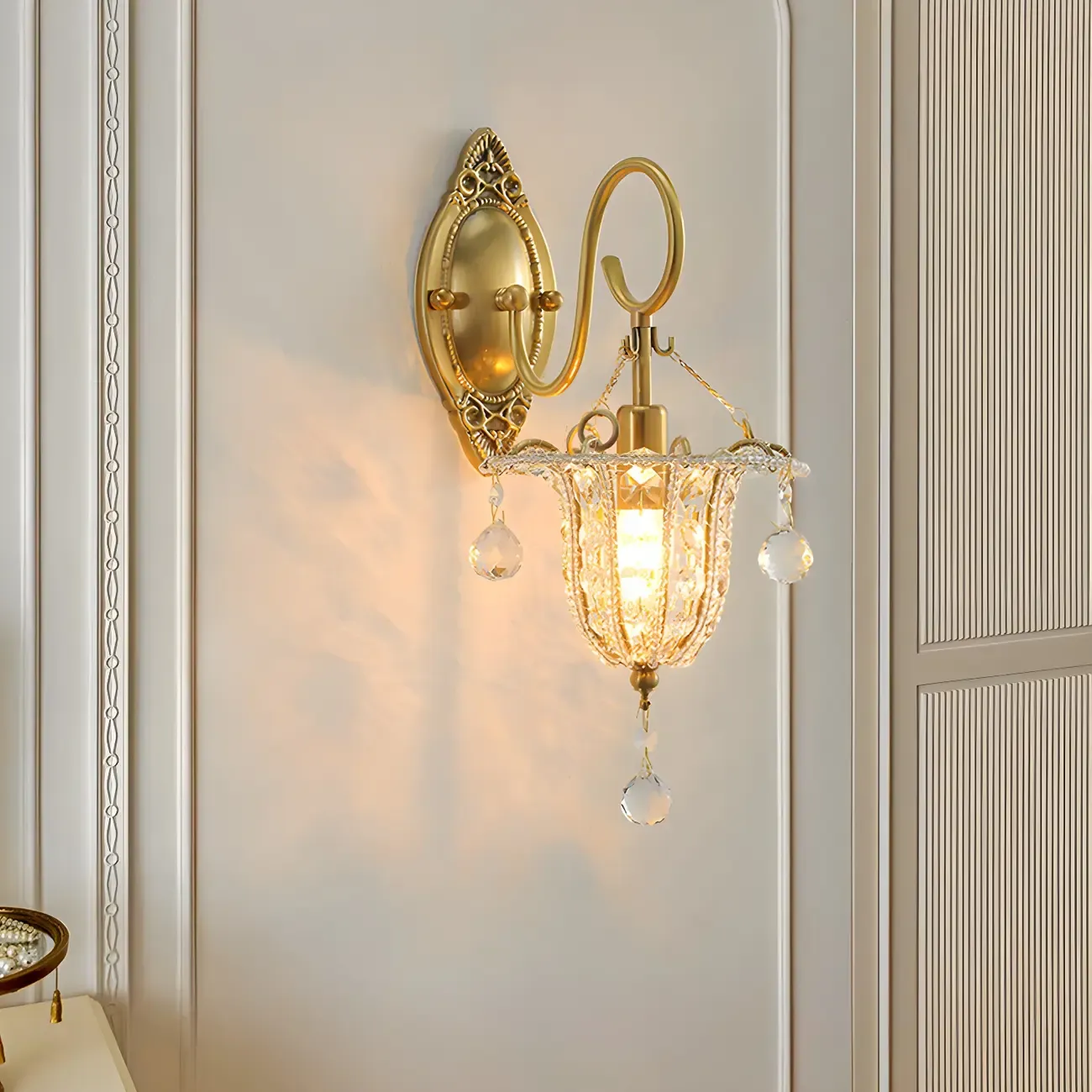 Vintage Gold Wall Sconce with Crystal and LED Light Image - 1