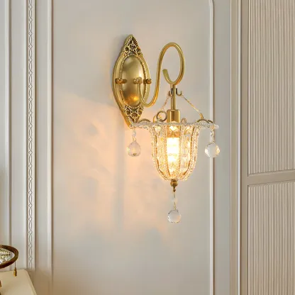 Vintage Gold Wall Sconce with Crystal and LED Light Image - 1