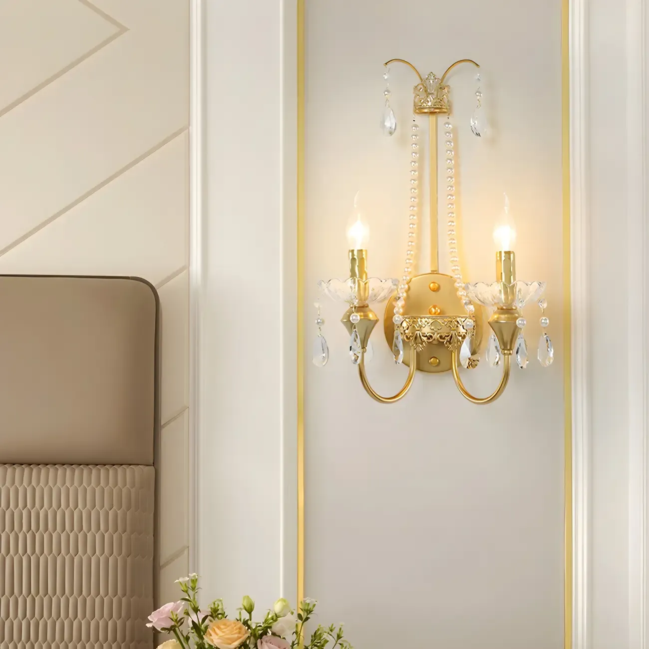 Vintage Gold Wall Sconce with Crystal and LED Light Image - 2