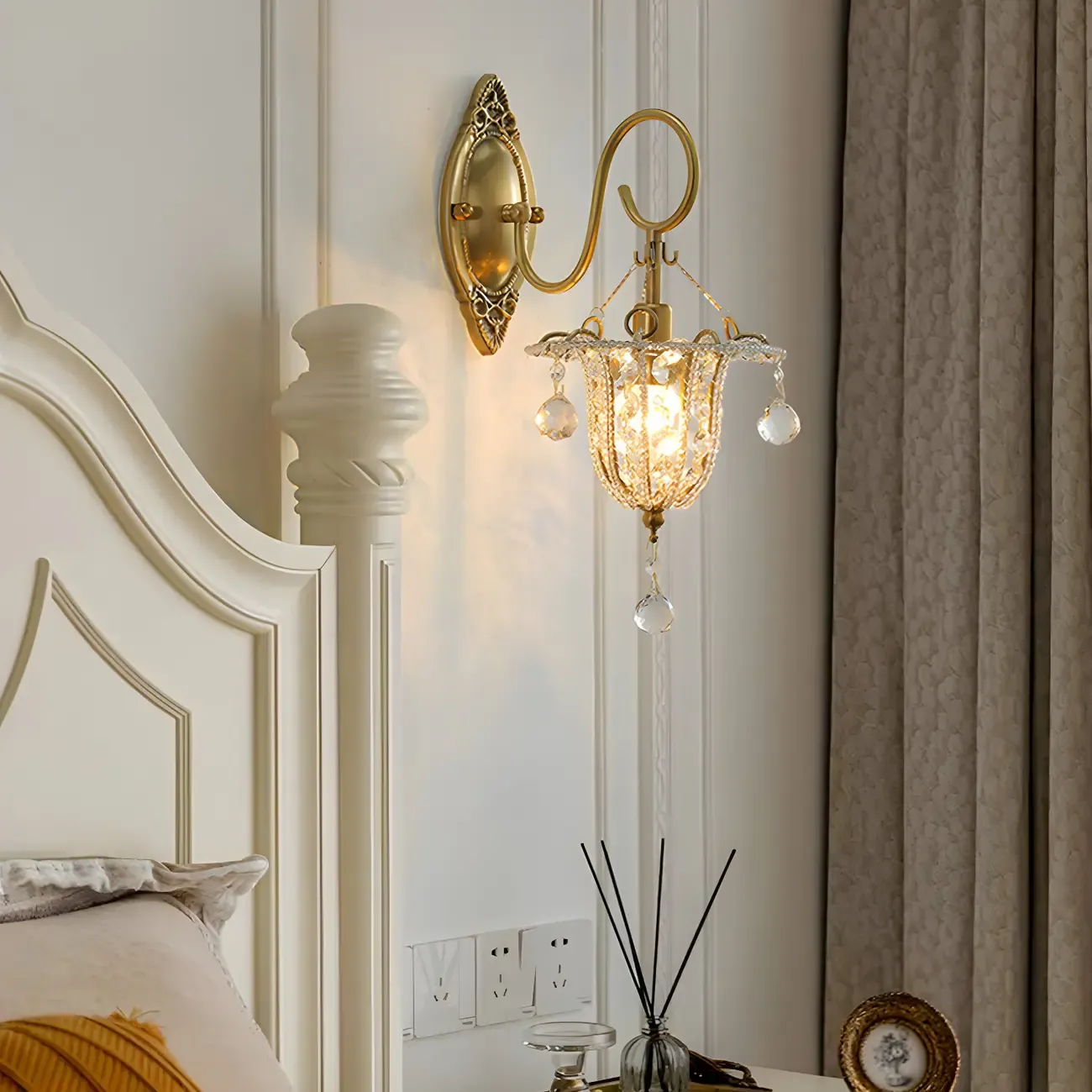 Vintage Gold Wall Sconce with Crystal and LED Light Image - 4