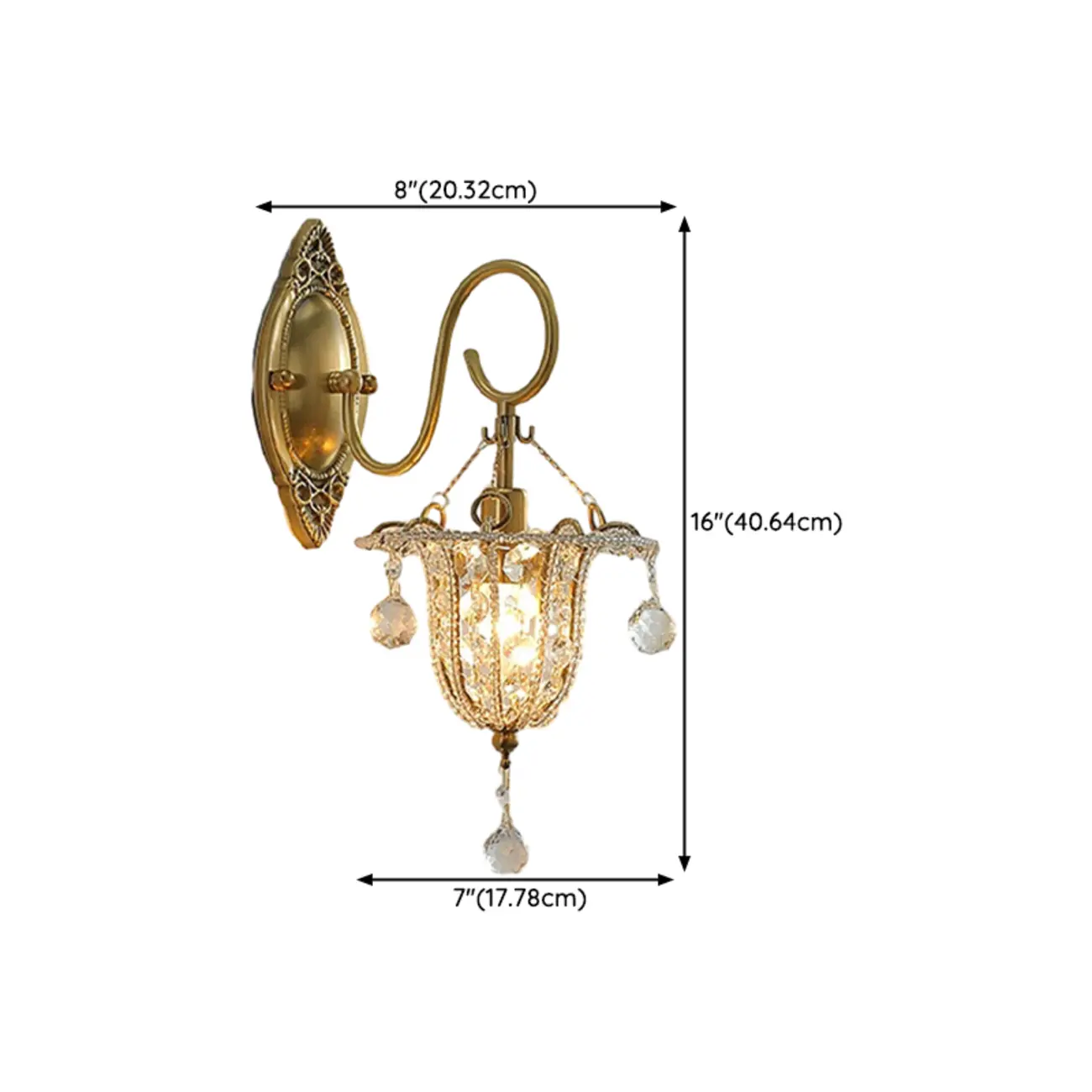 Vintage Gold Wall Sconce with Crystal and LED Light #size | homeyfad