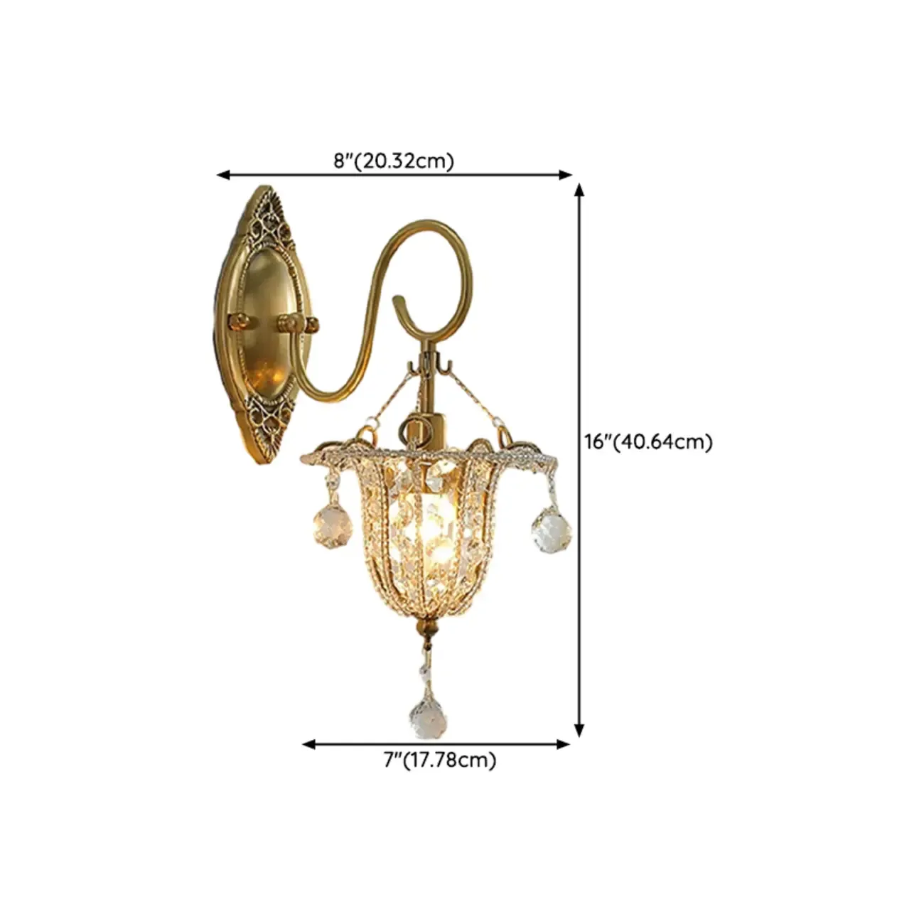 Vintage Gold Wall Sconce with Crystal and LED Light #size
