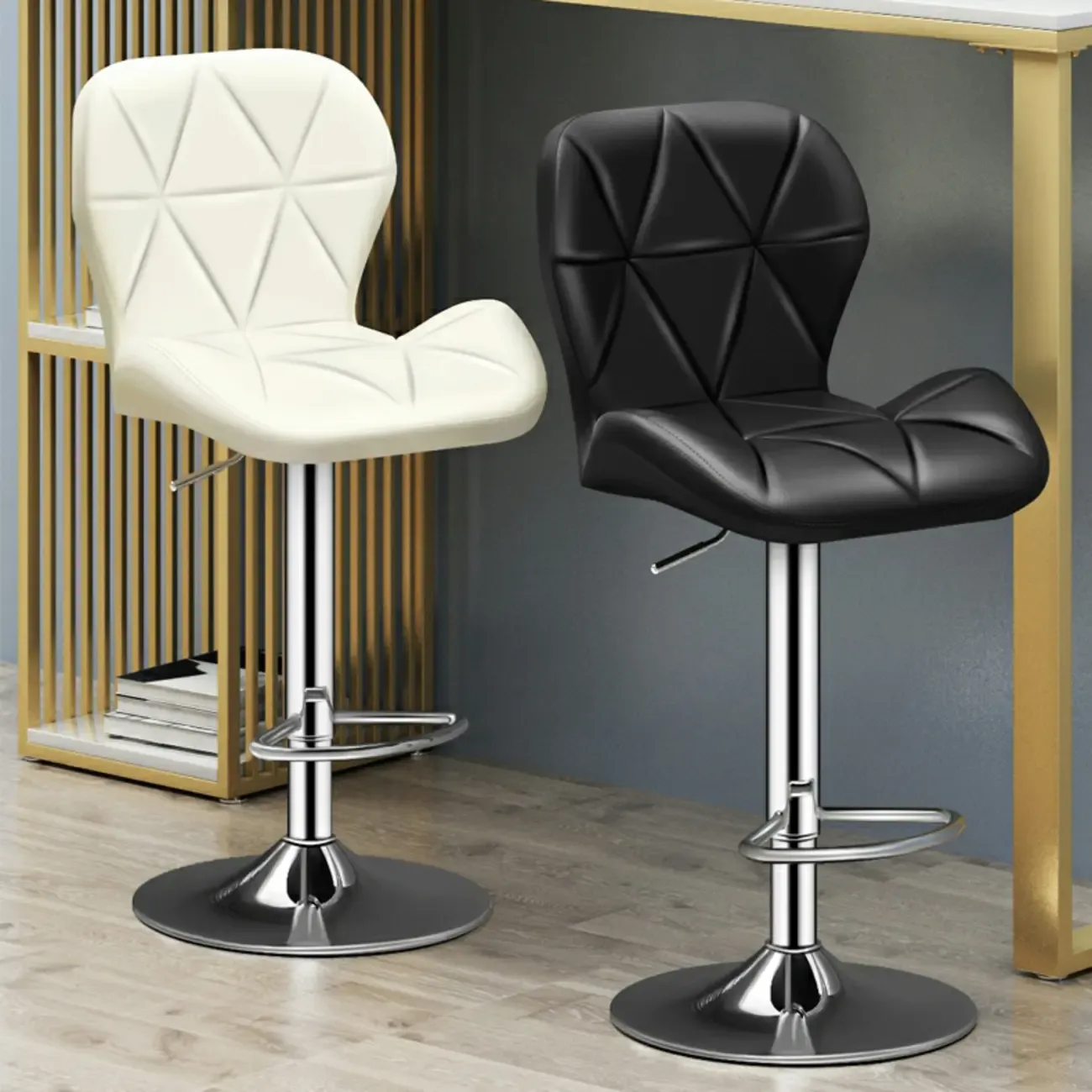 Square Adjustable Swivel Leather Bar Stools with Back Image - 5