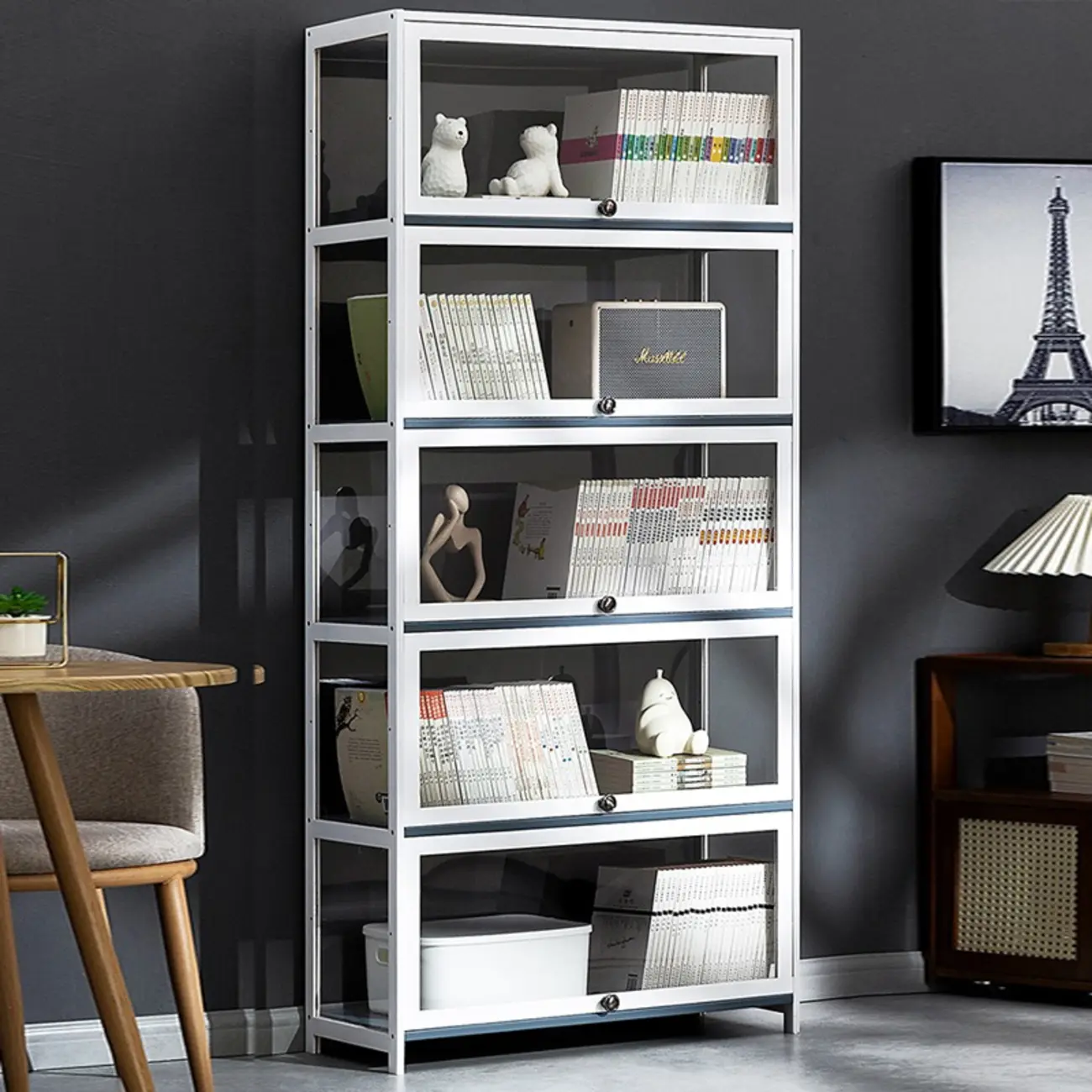 Modern White Bamboo Flip-Up Glass Display Cabinet Image - 1 | homeyfad