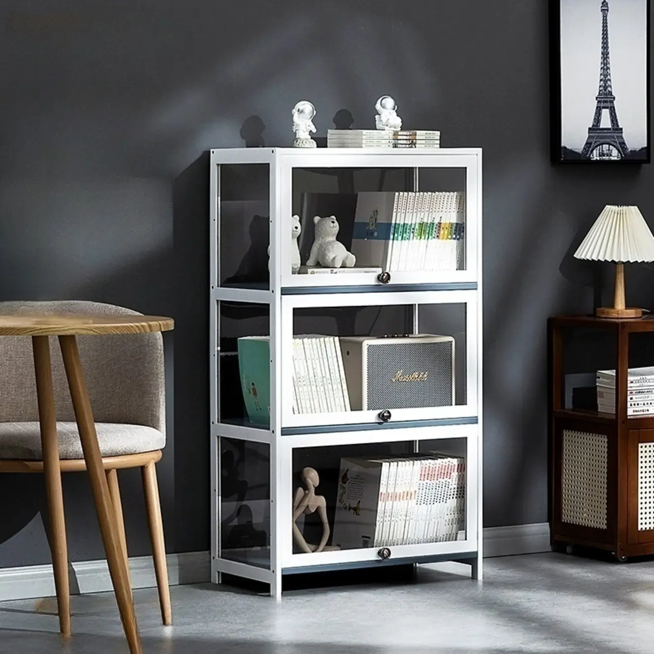 Modern White Bamboo Flip-Up Glass Display Cabinet Image - 3 | homeyfad