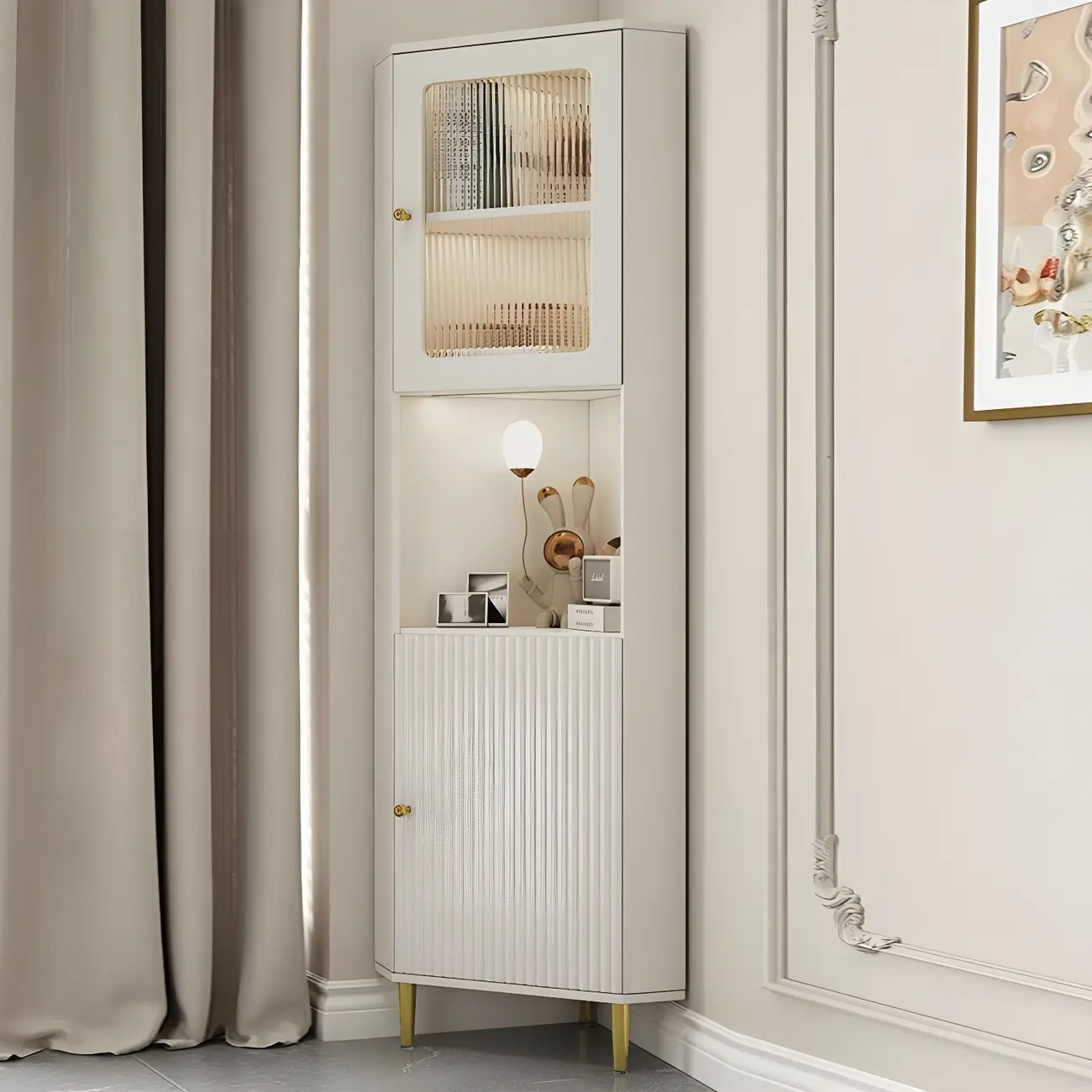 Elegant Faux Marble Top Striped Wooden Glass Corner Cabinet Image - 1 | homeyfad