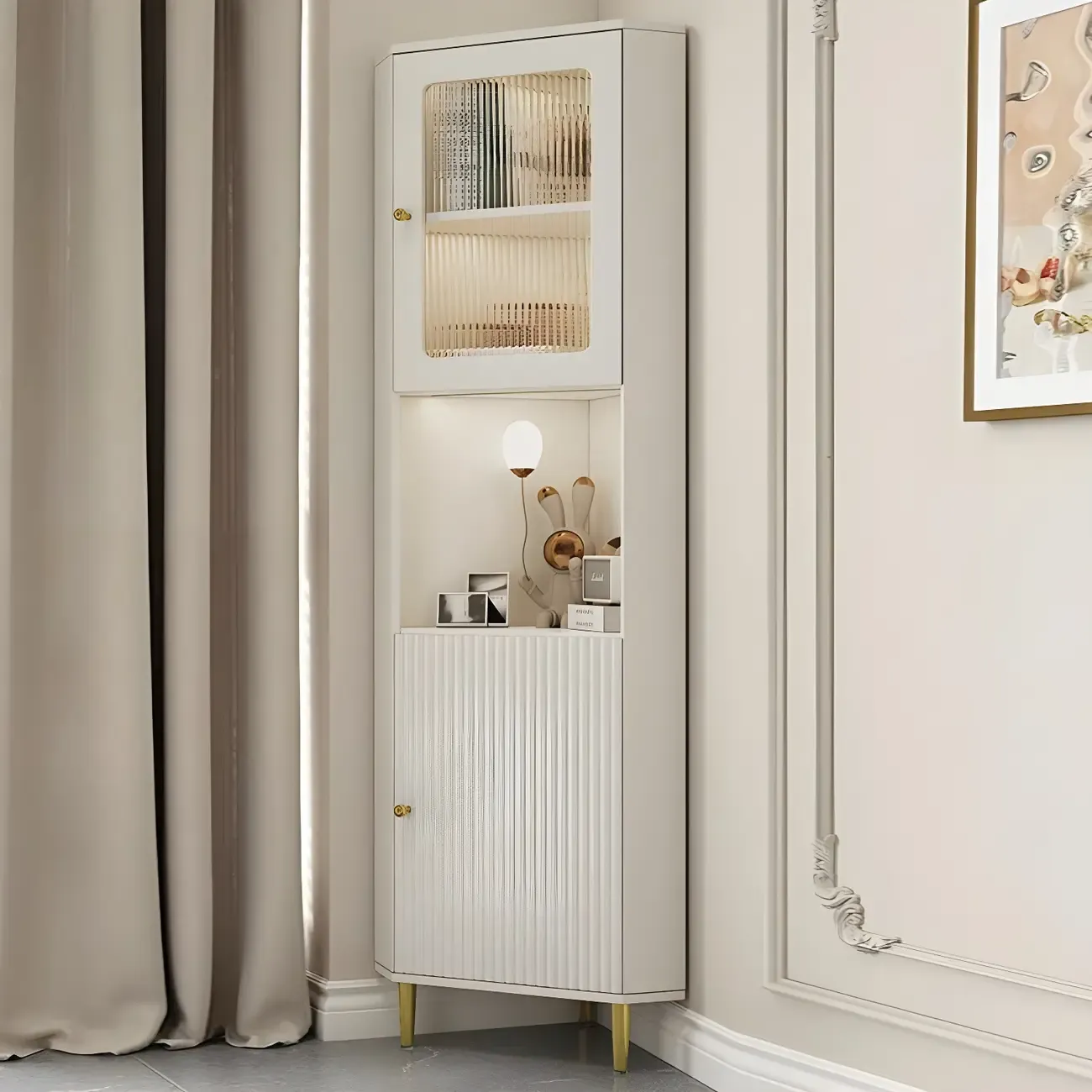 Elegant Faux Marble Top Striped Wooden Glass Corner Cabinet Image - 1