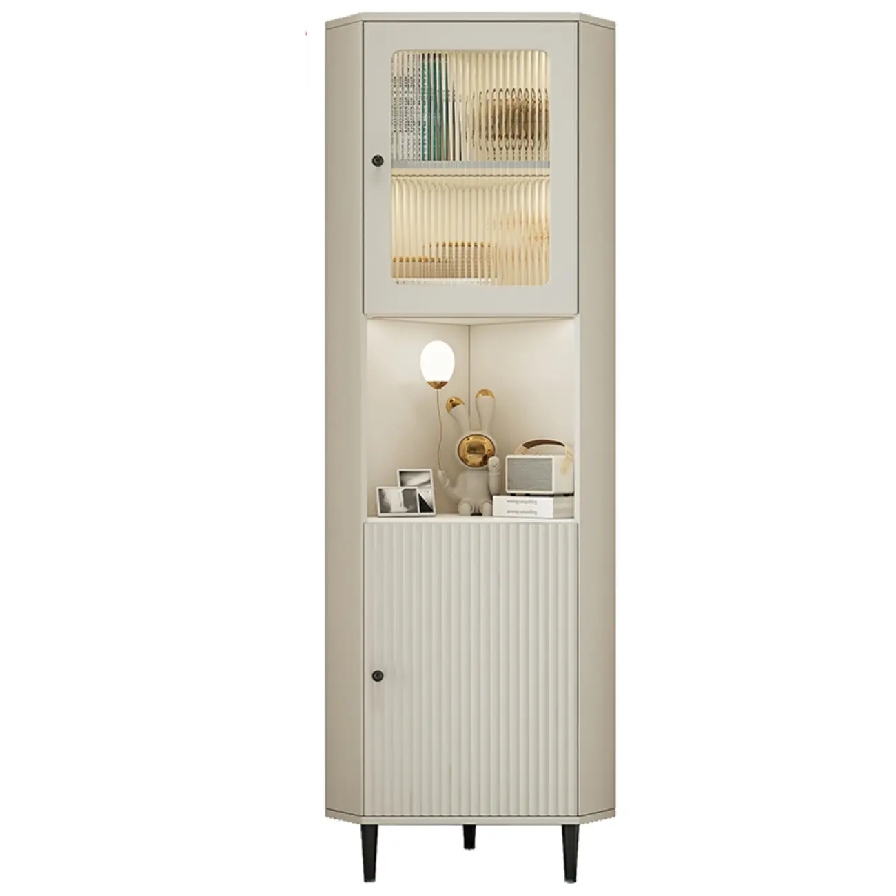 Elegant Faux Marble Top Striped Wooden Glass Corner Cabinet Image - 4 | homeyfad