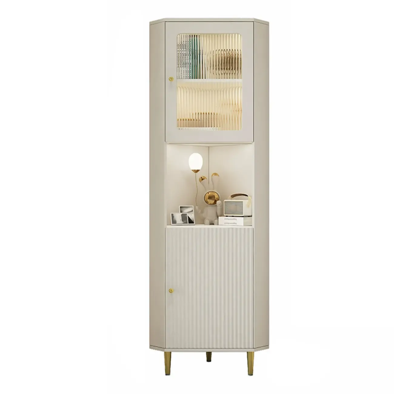 Elegant Faux Marble Top Striped Wooden Glass Corner Cabinet Image - 5