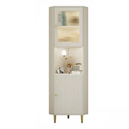 Elegant Faux Marble Top Striped Wooden Glass Corner Cabinet Image - 5