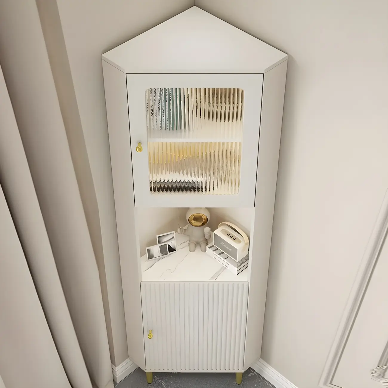 Elegant Faux Marble Top Striped Wooden Glass Corner Cabinet Image - 2 | homeyfad