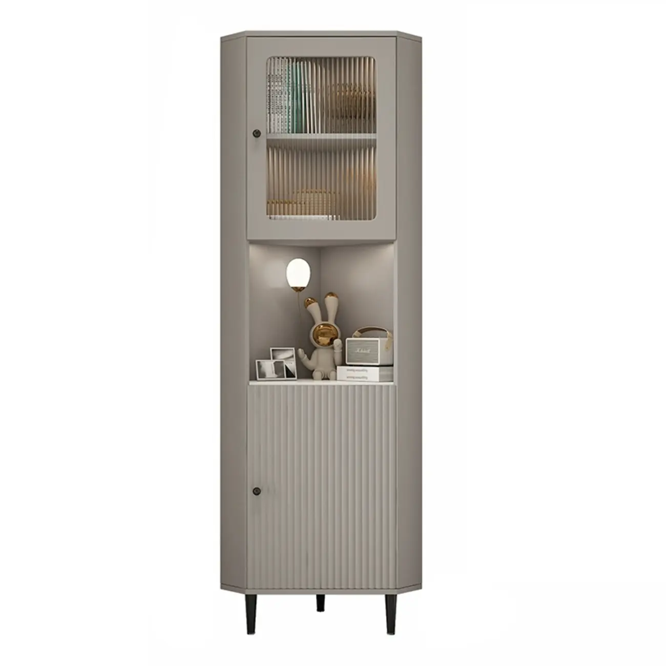 Elegant Faux Marble Top Striped Wooden Glass Corner Cabinet Image - 6 | homeyfad