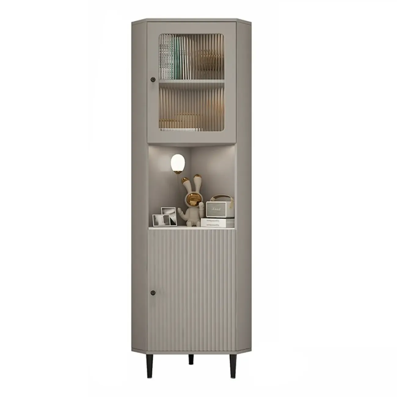 Elegant Faux Marble Top Striped Wooden Glass Corner Cabinet Image - 6