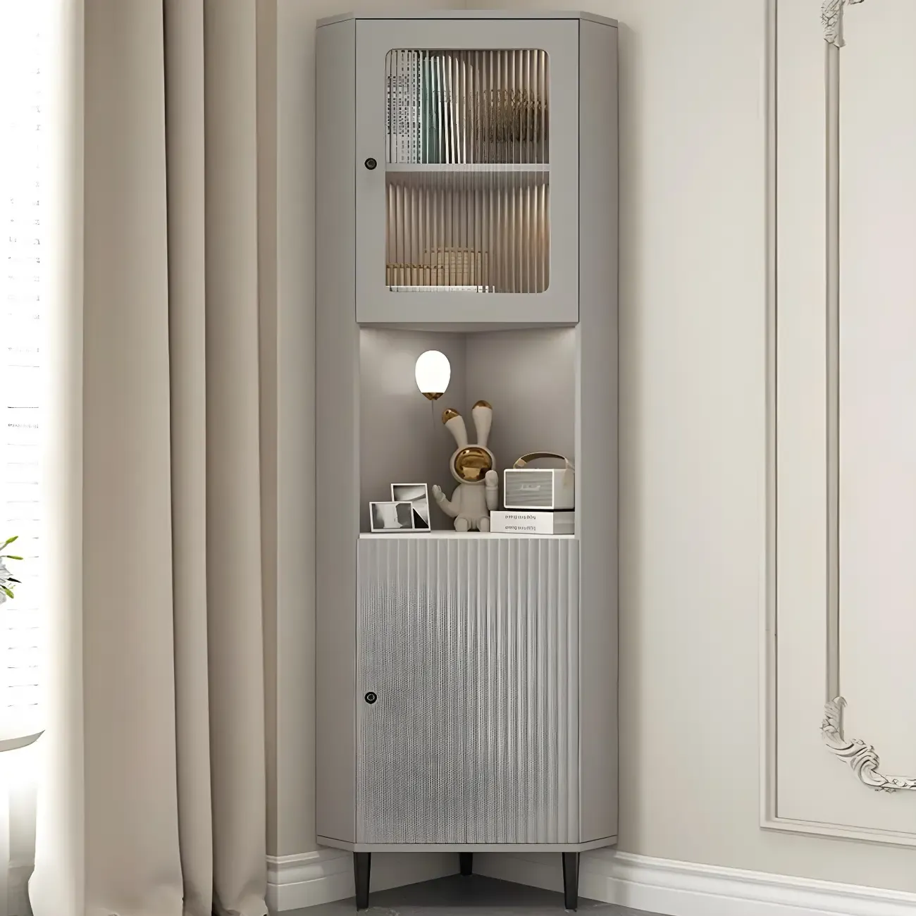 Elegant Faux Marble Top Striped Wooden Glass Corner Cabinet Image - 3