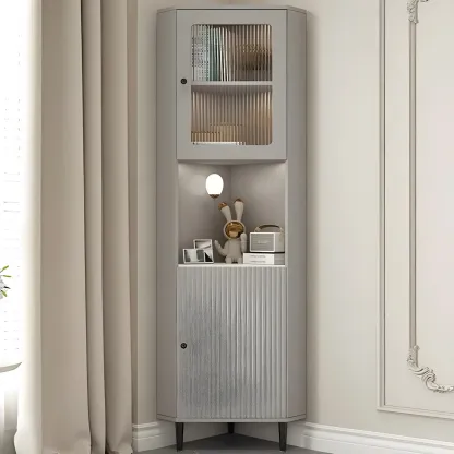 Elegant Faux Marble Top Striped Wooden Glass Corner Cabinet Image - 3
