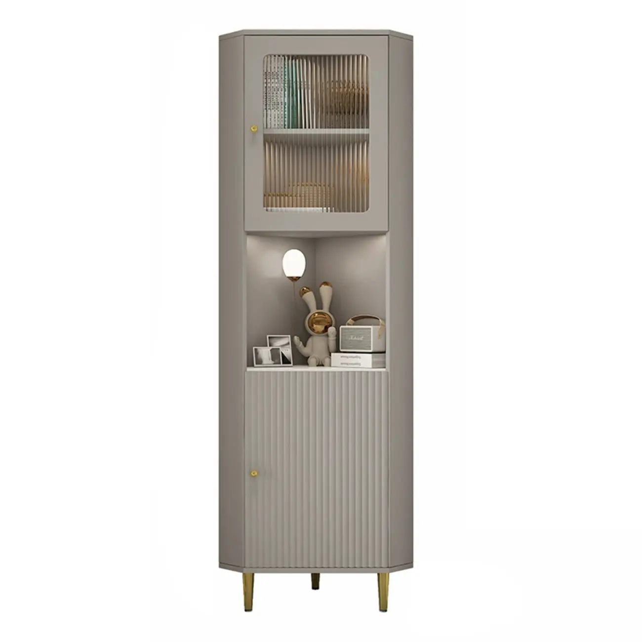 Elegant Faux Marble Top Striped Wooden Glass Corner Cabinet Image - 7 | homeyfad