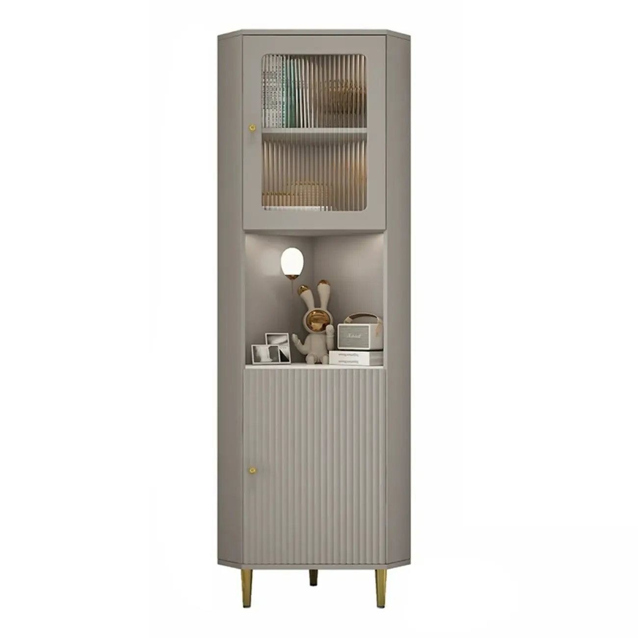 Elegant Faux Marble Top Striped Wooden Glass Corner Cabinet | HomeyFad