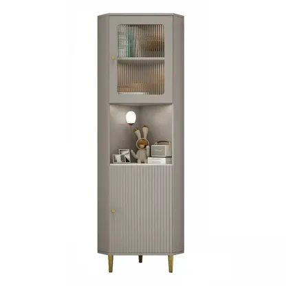 Elegant Faux Marble Top Striped Wooden Glass Corner Cabinet Image - 7