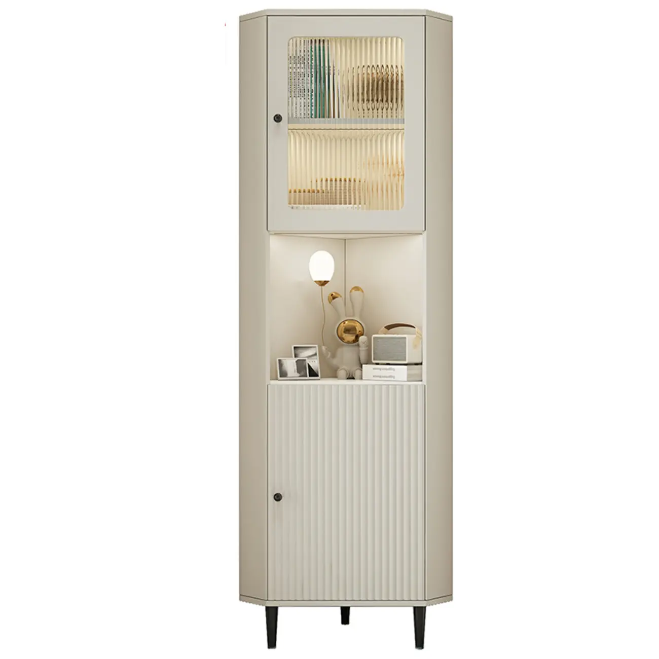 Elegant Faux Marble Top Striped Wooden Glass Corner Cabinet Image - 8 | homeyfad