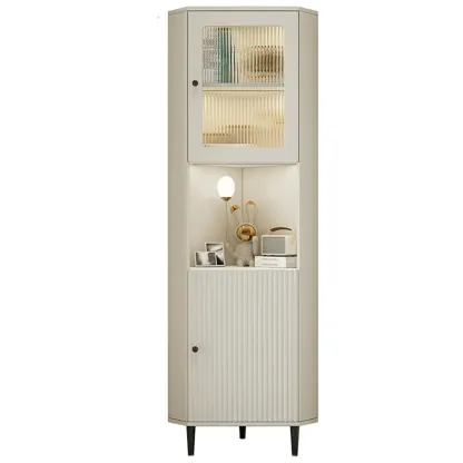 Elegant Faux Marble Top Striped Wooden Glass Corner Cabinet Image - 8