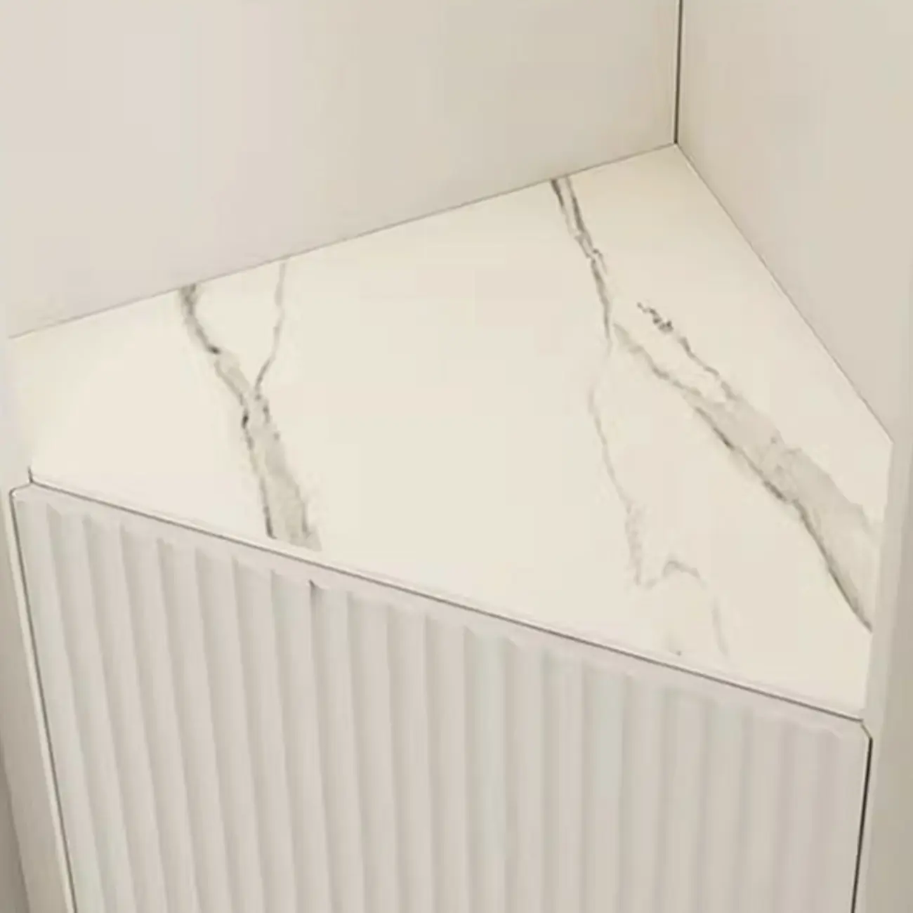 Elegant Faux Marble Top Striped Wooden Glass Corner Cabinet Image - 10 | homeyfad