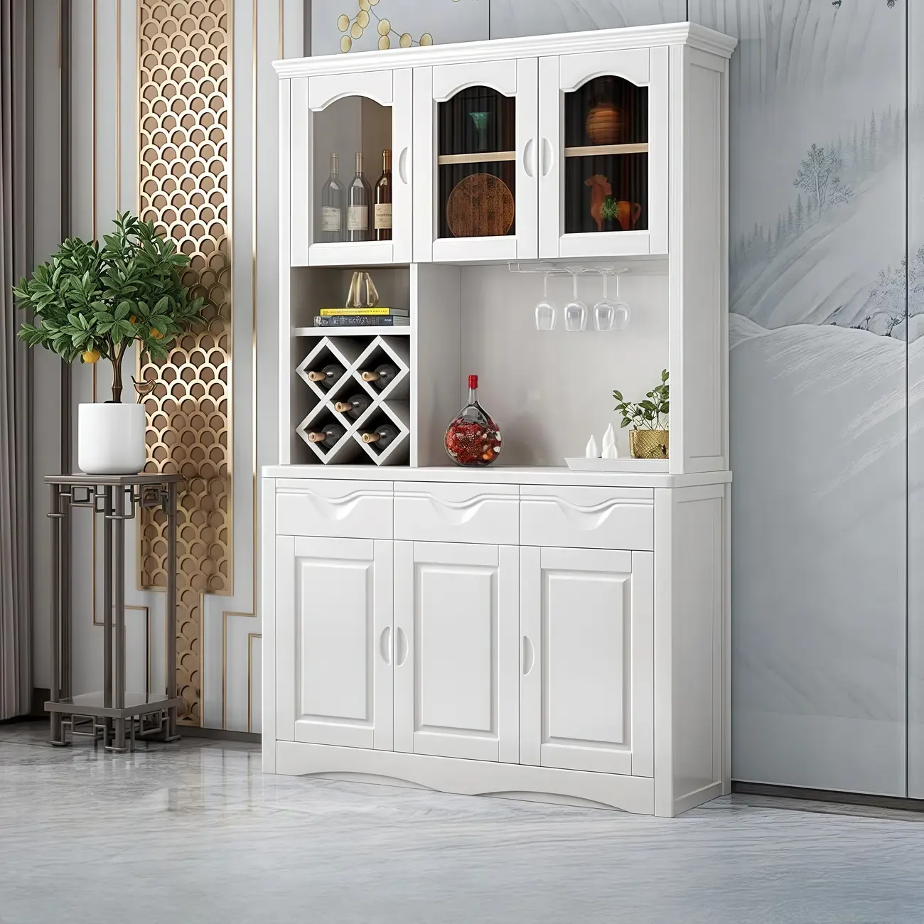 Kitchen Wooden White Cabinet Sideboard Built-in Wine Rack Image - 1