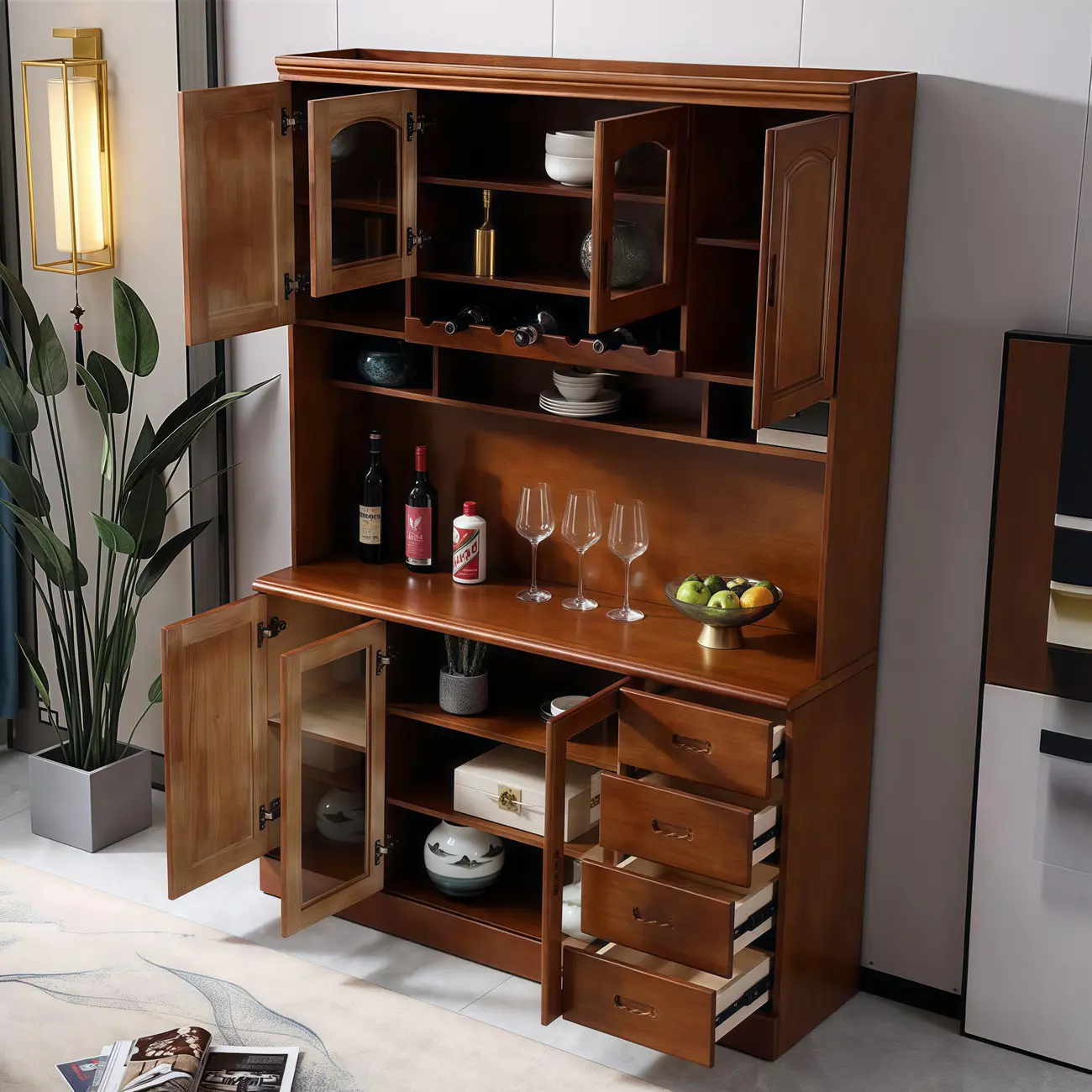 Kitchen Wooden White Cabinet Sideboard Built-in Wine Rack Image - 11 | homeyfad