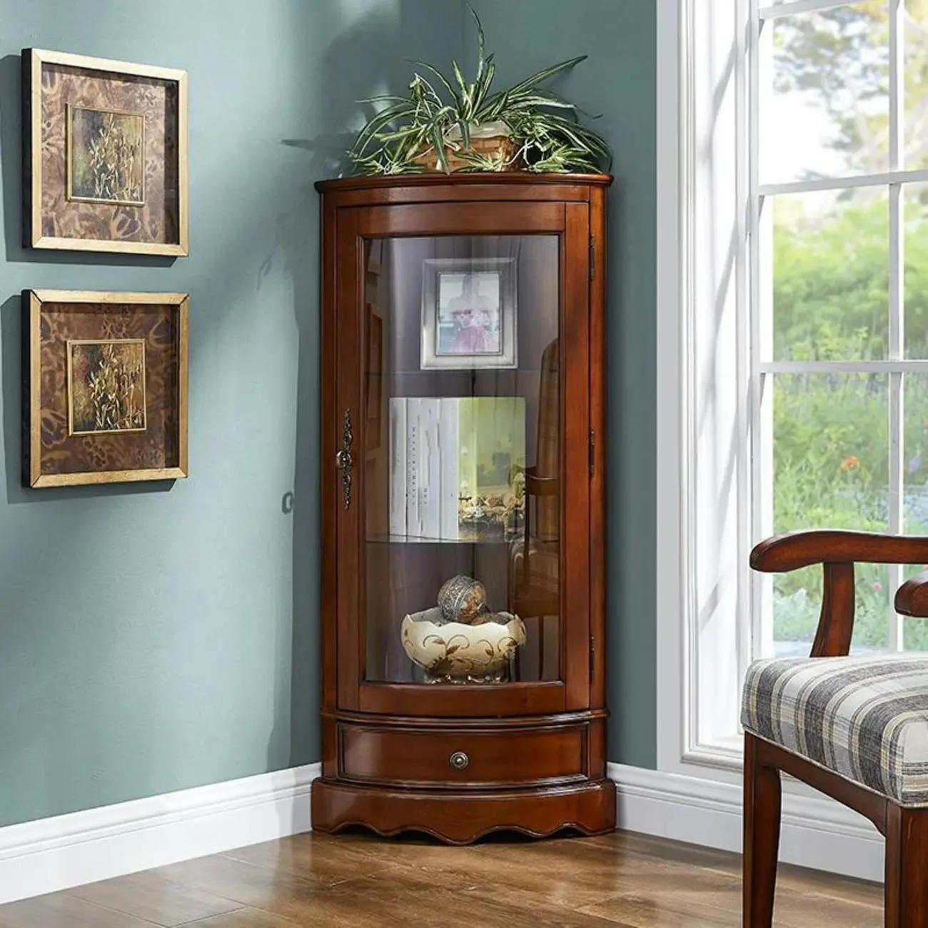 Classic Brown Rubberwood Corner Cabinet with Glass Door Image - 3 | homeyfad