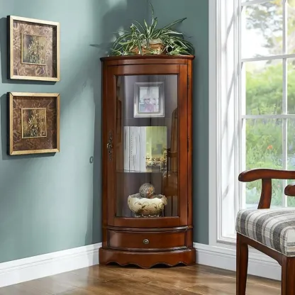 Classic Brown Rubberwood Corner Cabinet with Glass Door Image - 3