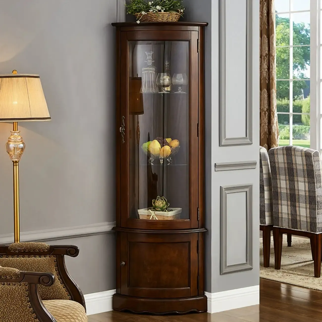 Classic Brown Rubberwood Corner Cabinet with Glass Door Image - 1