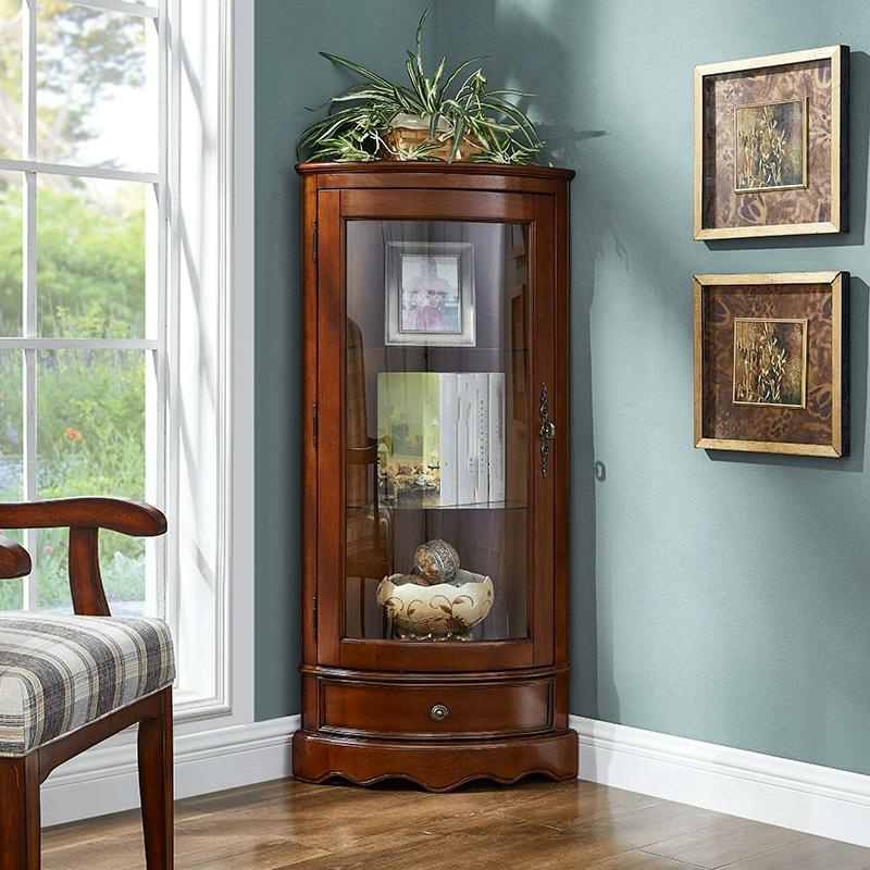 Classic Brown Rubberwood Corner Cabinet with Glass Door