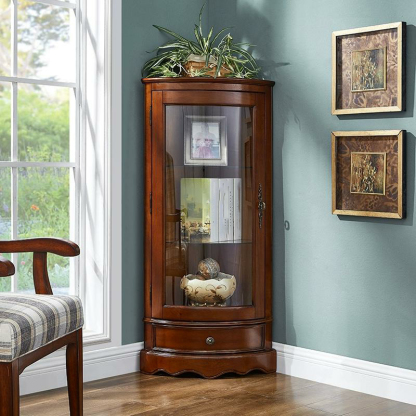 Classic Brown Rubberwood Corner Cabinet with Glass Door