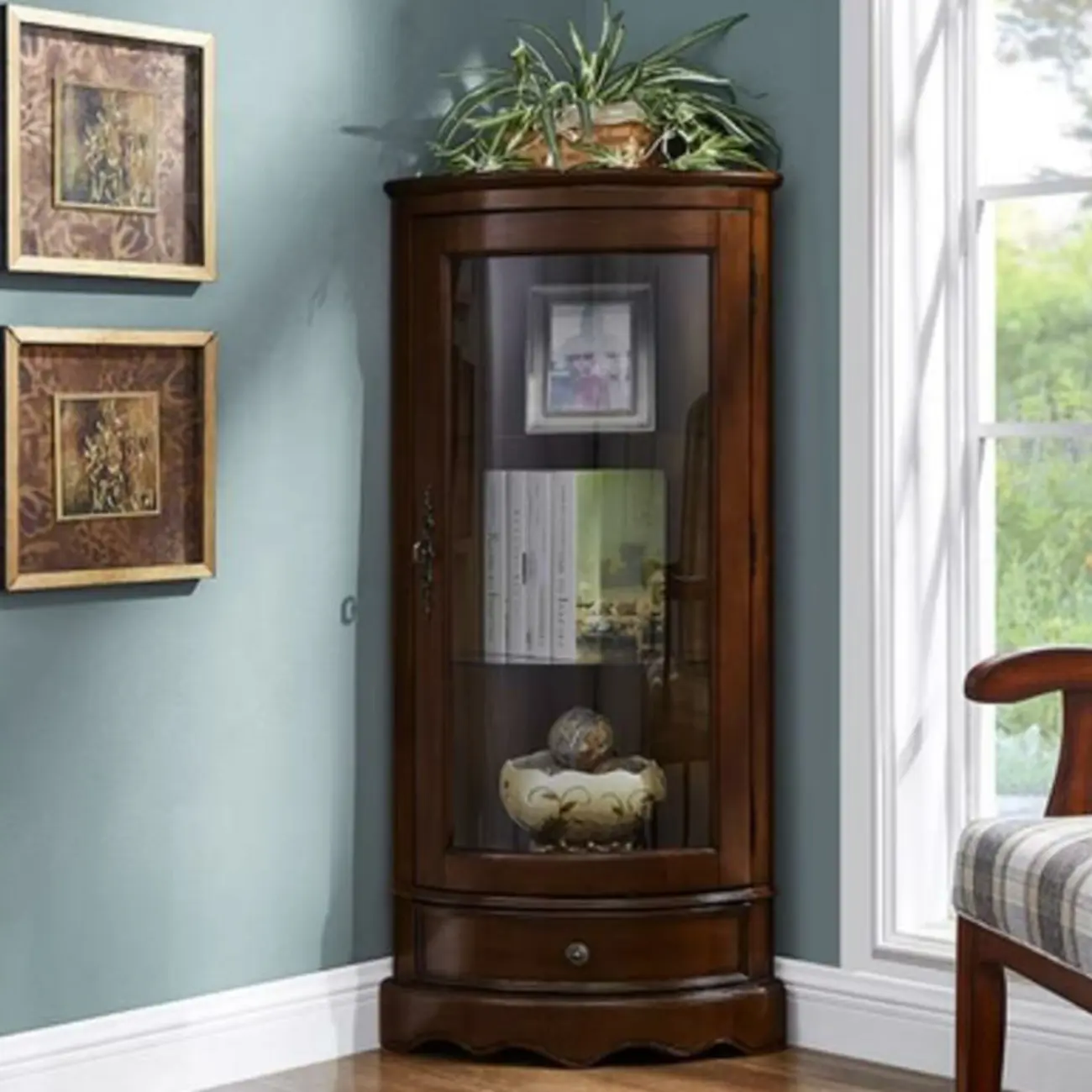 Classic Brown Rubberwood Corner Cabinet with Glass Door Image - 4 | homeyfad