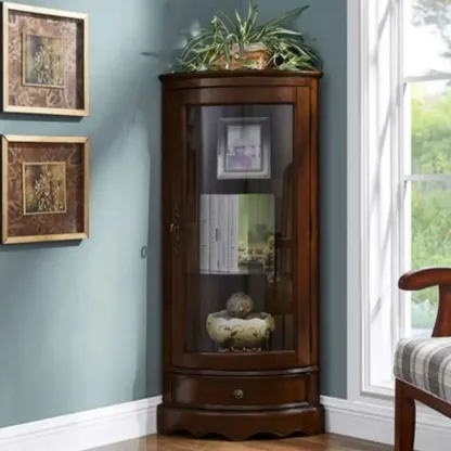 Classic Brown Rubberwood Corner Cabinet with Glass Door Image - 4