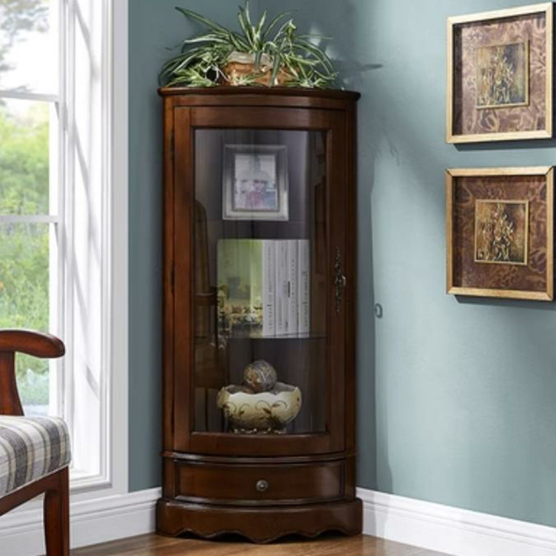 Classic Brown Rubberwood Corner Cabinet with Glass Door