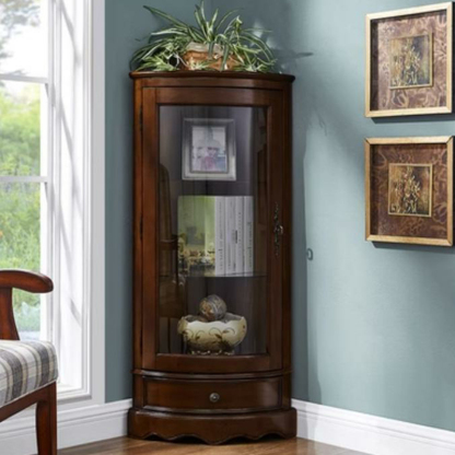 Classic Brown Rubberwood Corner Cabinet with Glass Door