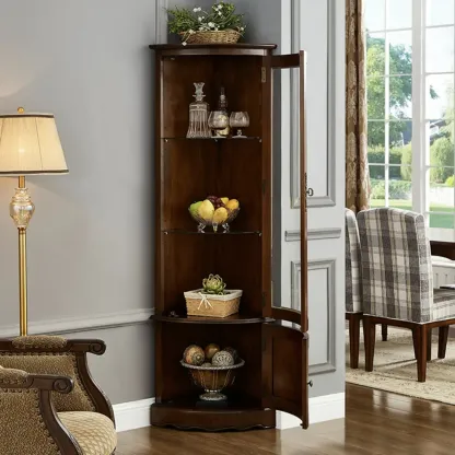 Classic Brown Rubberwood Corner Cabinet with Glass Door Image - 2