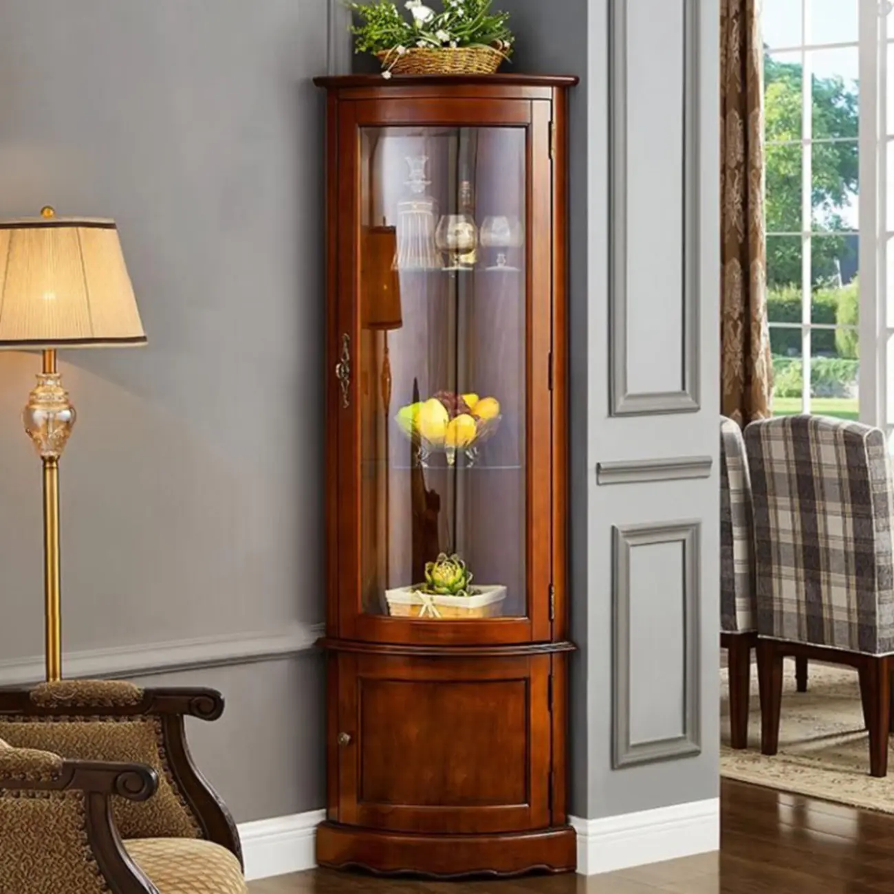 Classic Brown Rubberwood Corner Cabinet with Glass Door Image - 5 | homeyfad