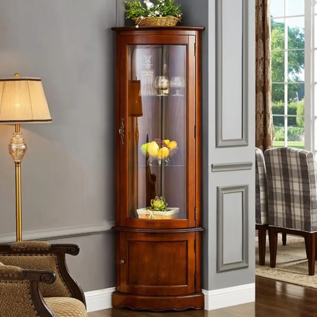 Classic Brown Rubberwood Corner Cabinet with Glass Door Image - 5