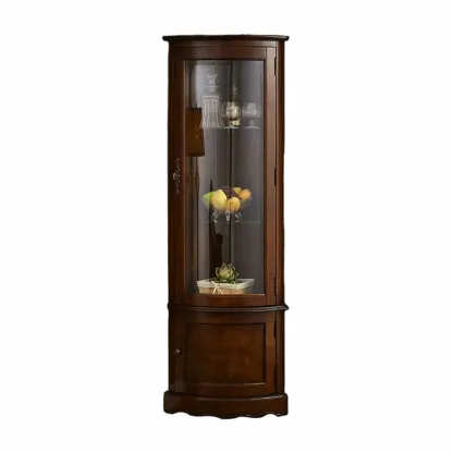 Classic Brown Rubberwood Corner Cabinet with Glass Door Image - 9