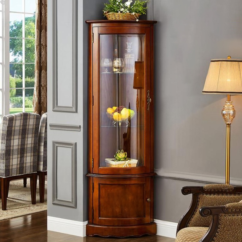 Classic Brown Rubberwood Corner Cabinet with Glass Door | homeyfad