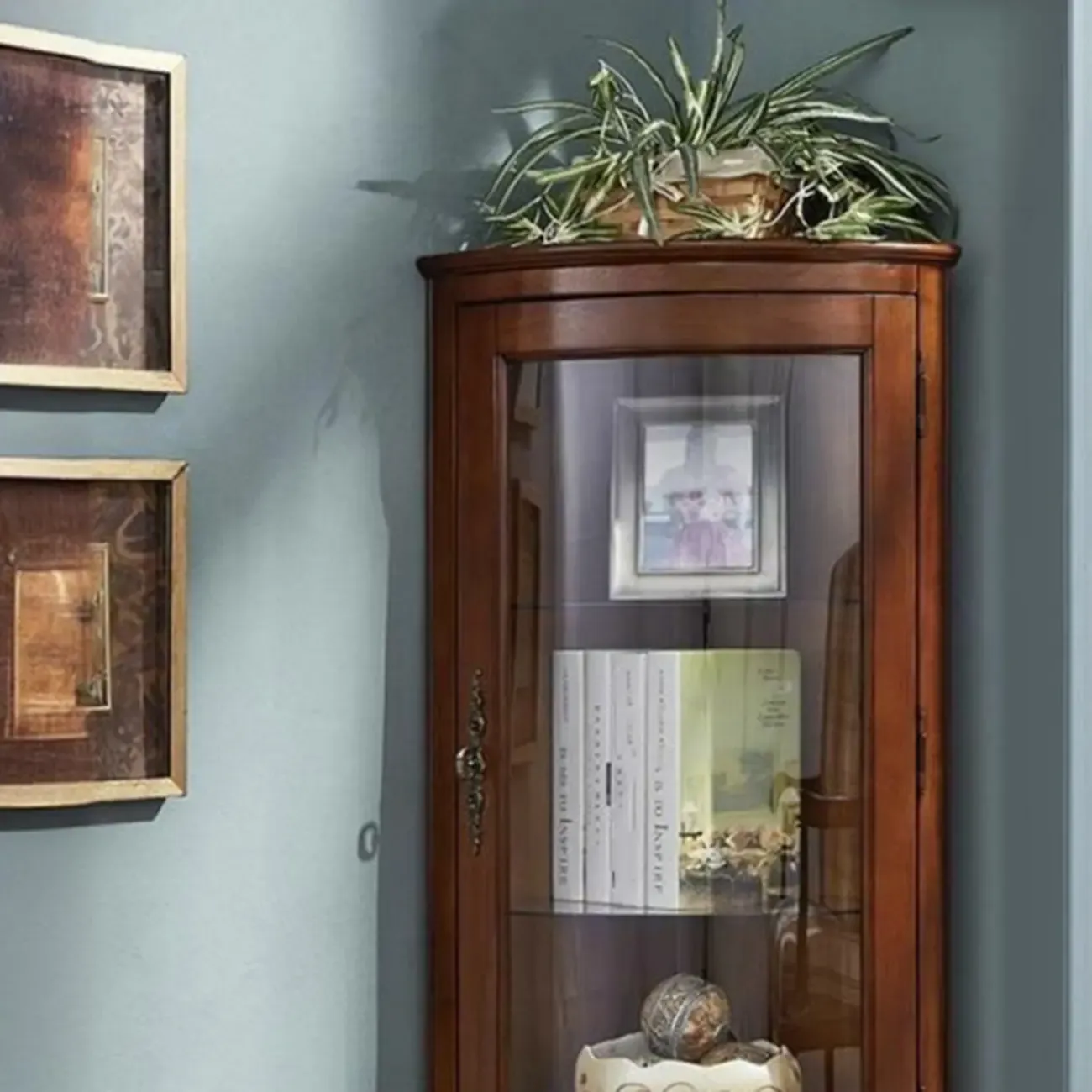 Classic Brown Rubberwood Corner Cabinet with Glass Door Image - 6