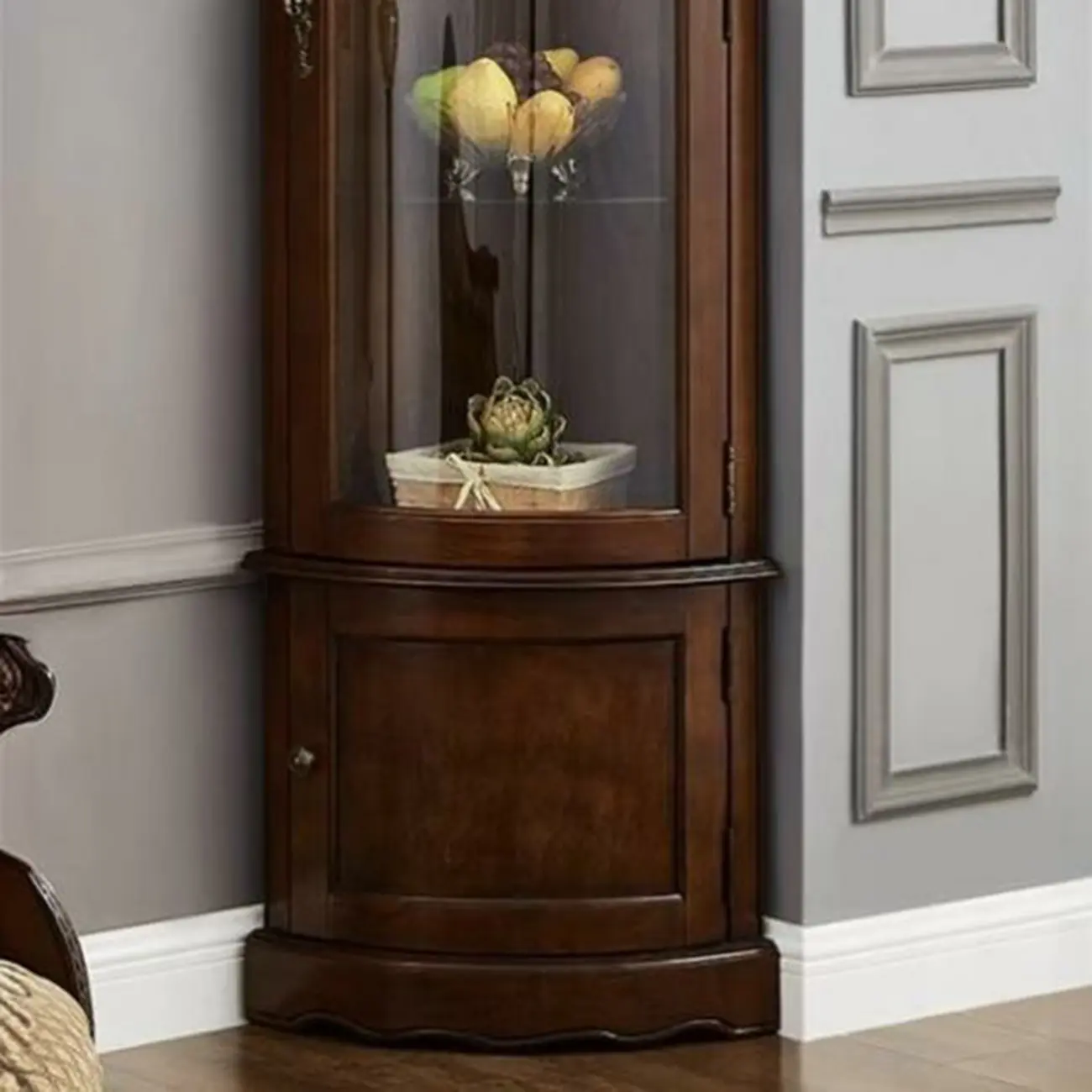 Classic Brown Rubberwood Corner Cabinet with Glass Door Image - 8 | homeyfad